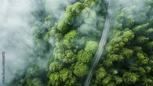 Aerial view of road in forest with fog