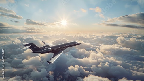  Private business jet flying above the clouds. Side view. Private jet painting the sky with elegance. photo