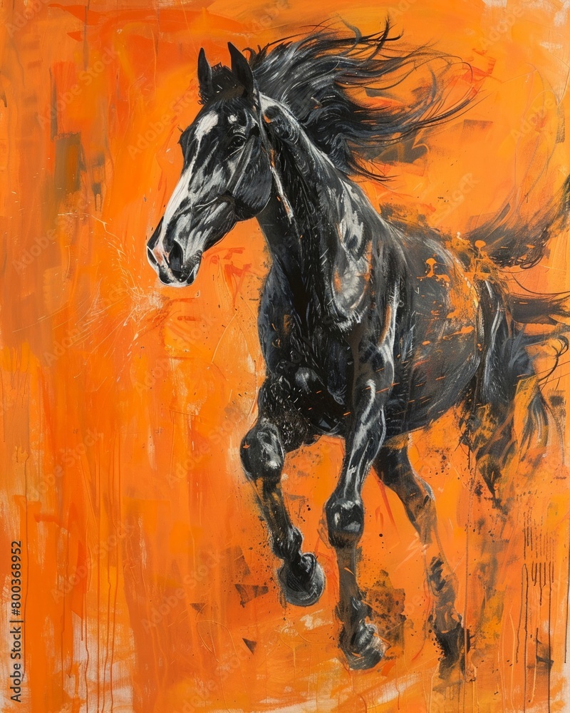 Fototapeta premium A wild horse captured in midgallop within an orange canvas, the painting evoking the freedom and power of nature