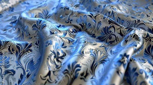 periwinkle blue and silver floral damask pattern on grey fabric, shiny metallic sheen