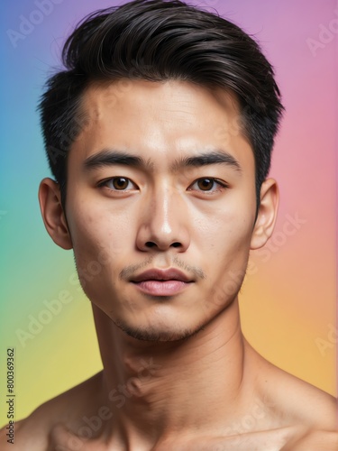 plain colorful background close-up portrait of handsome asian guy from Generative AI