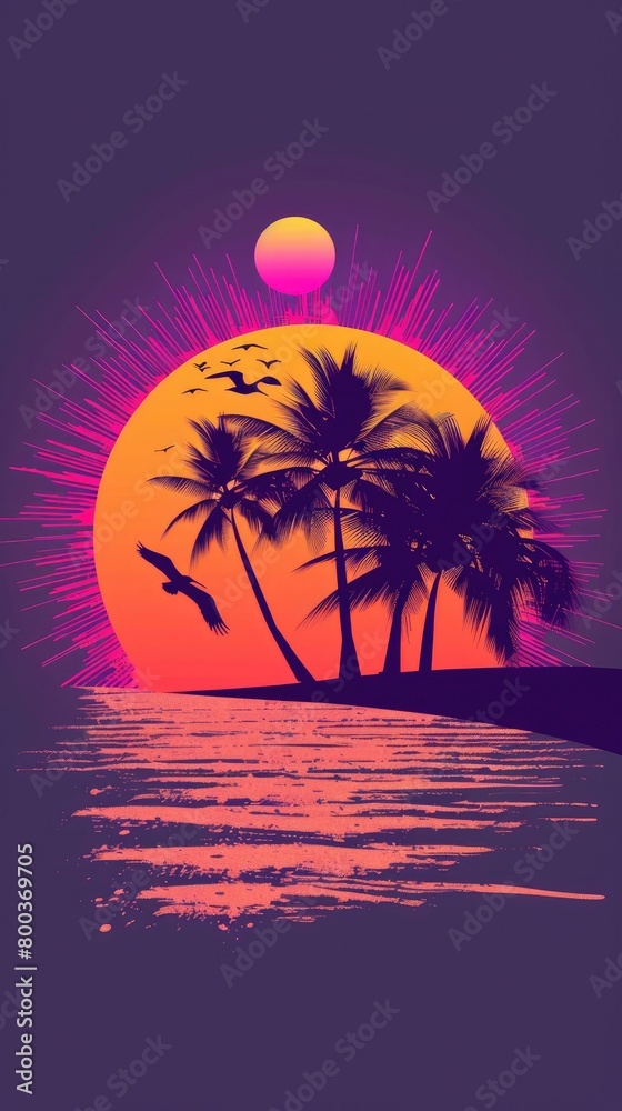 retro sunset with palm trees and birds art, purple orange background,