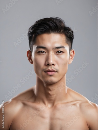 plain silver background close-up portrait of handsome asian guy from Generative AI