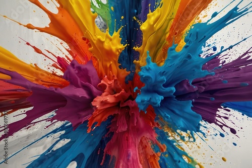 Rainbow color paint splash background. Exploding liquid paint copyspace. Colorful wet paint splashes