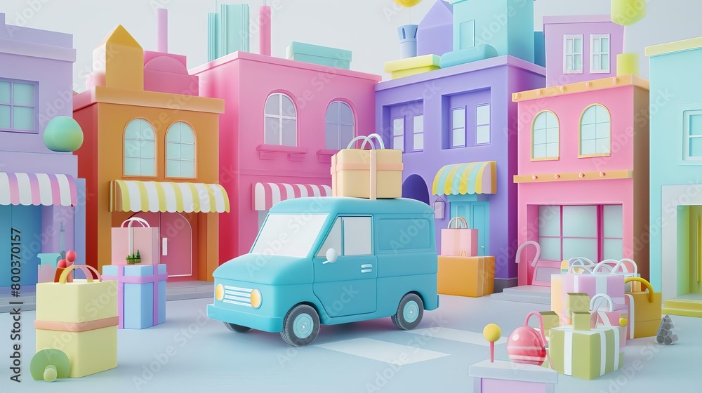 A 3D rendering of a blue van delivering presents in a colorful city. The van is surrounded by buildings, trees, and gifts. The sky is a bright blue and the sun is shining.