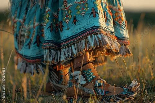 Indigenous Woman Dancing at Cultural Festival in Vibrant Turquoise Dress and Leather Moccasins