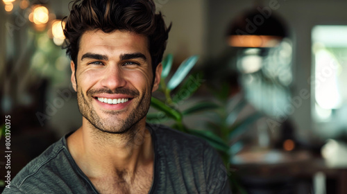 Portrait of a handsome man looking at the camera outdoors. Young happy man walking on a sunny day. Walking and relaxation concept. Lifestyle. © Alina Tymofieieva