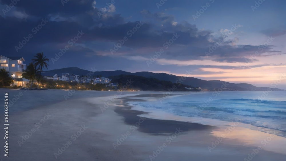 Coastal twilight tranquility, The calm and soothing atmosphere as night falls on the beach.