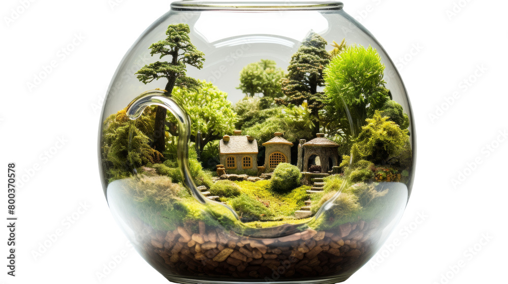 A small house sits inside a fishbowl, creating a whimsical underwater scene on transparent background A small house sits inside a fishbowl, creating a whimsical underwater scene on transparent background