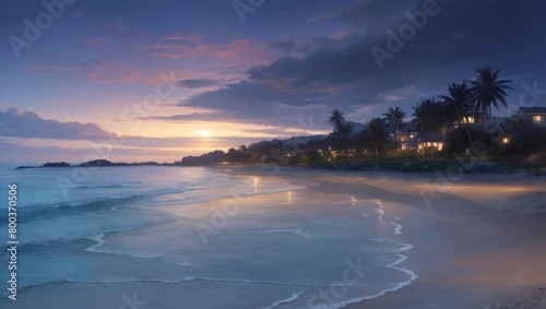 Coastal twilight tranquility  The calm and soothing atmosphere as night falls on the beach.