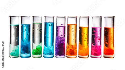 Row of test tubes filled with vibrant colored liquids on transparent background