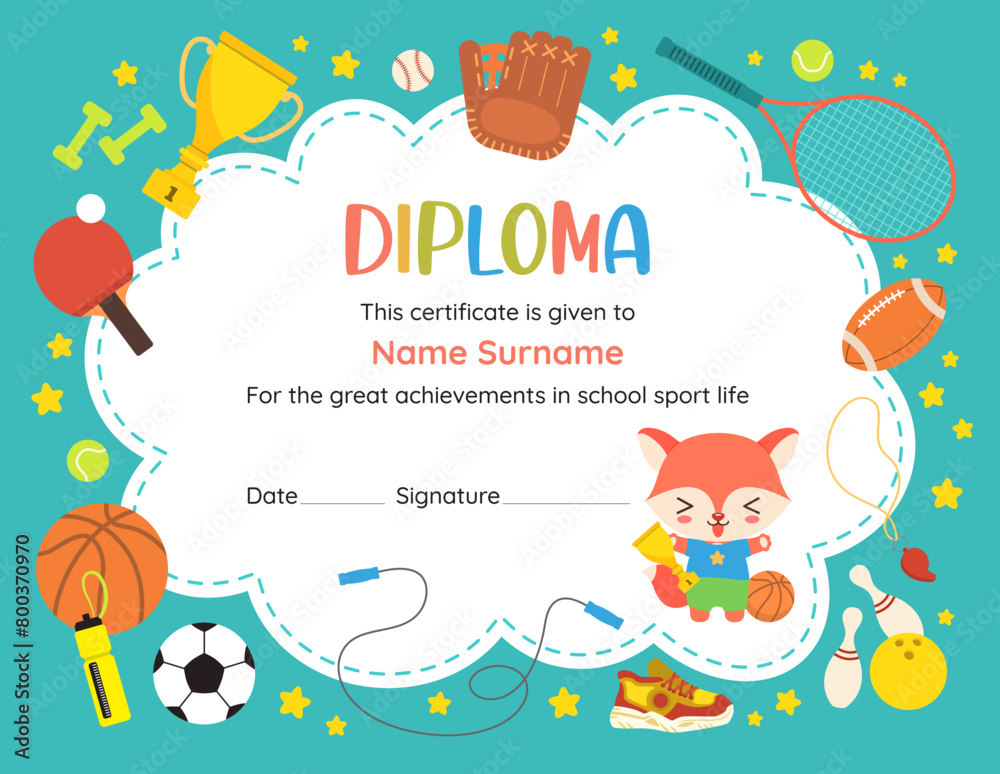 Cute school certificate in sport award. Elementary diploma for PE success. Text frame template, cute border with copy space. Cartoon design with kawaii animal student character and sports icons. Cute school certificate in sport award. Elementary diploma for PE success. Text frame template, cute border with copy space. Cartoon design with kawaii animal student character and sports icons.