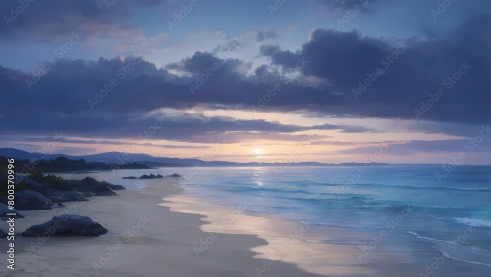 Coastal twilight tranquility, The calm and soothing atmosphere as night falls on the beach.