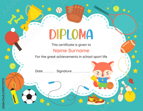 Cute school certificate in sport award. Elementary diploma for PE success. Text frame template  cute border with copy space. Cartoon design with kawaii animal student character and sports icons.
