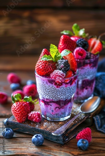 chia seed hanging with purple and blue berry cream in glass cups, with strawberries on top.