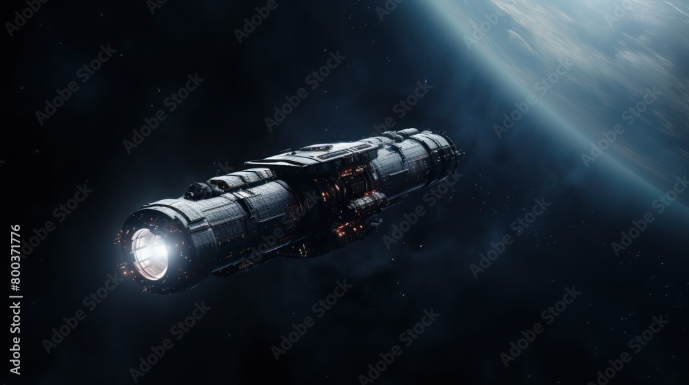 Spaceship in the Universe, spacecraft flying in deep space with stars in the background. Future scientific vessel technology, space travel. Spaceship in the Universe, spacecraft flying in deep space with stars in the background. Future scientific vessel technology, space travel.