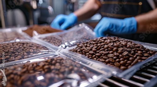 Packing fresh coffee beans in vacuum-sealed bags for international shipping.