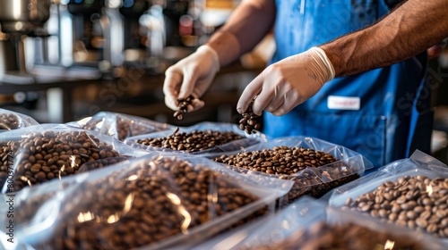 Packing fresh coffee beans in vacuum-sealed bags for international shipping.