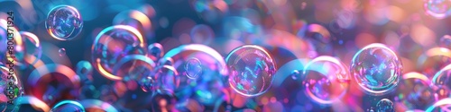 An iridescent air bubble on a background with a gradient. A lot of bubbles are flying in a chaotic manner. photo