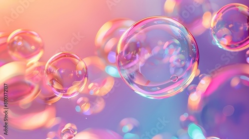 An iridescent air bubble on a background with a gradient. A lot of bubbles are flying in a chaotic manner. photo