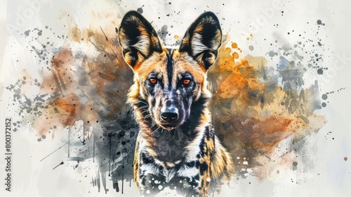 Surreal and captivating image of a wild dog's face with a striking abstract stained backdrop photo