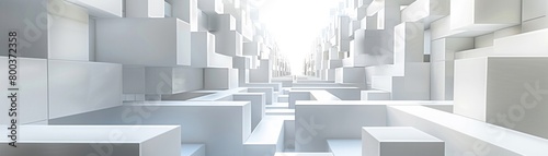 An immersive 3Drendered white maze  with abstract geometric walls towering over a virtual reality exploration space
