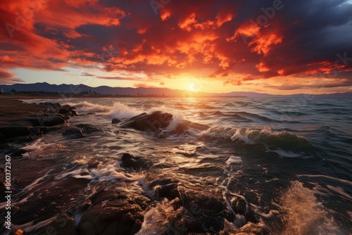 Sunset over ocean, rocks in foreground