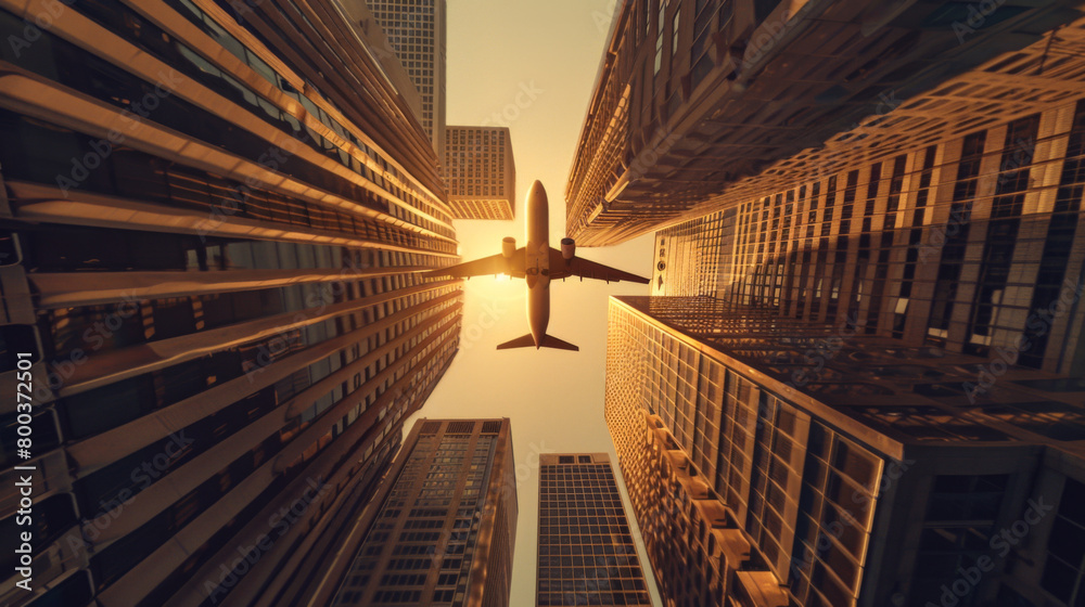 Bottom view of a flying plane between majestic skyscrapers. A bright light falls on a plane flying around skyscrapers. Transport concept. Bottom view of a flying plane between majestic skyscrapers. A bright light falls on a plane flying around skyscrapers. Transport concept.