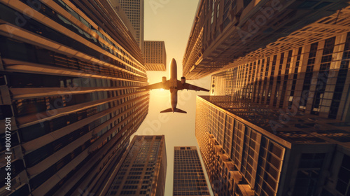 Bottom view of a flying plane between majestic skyscrapers. A bright light falls on a plane flying around skyscrapers. Transport concept.