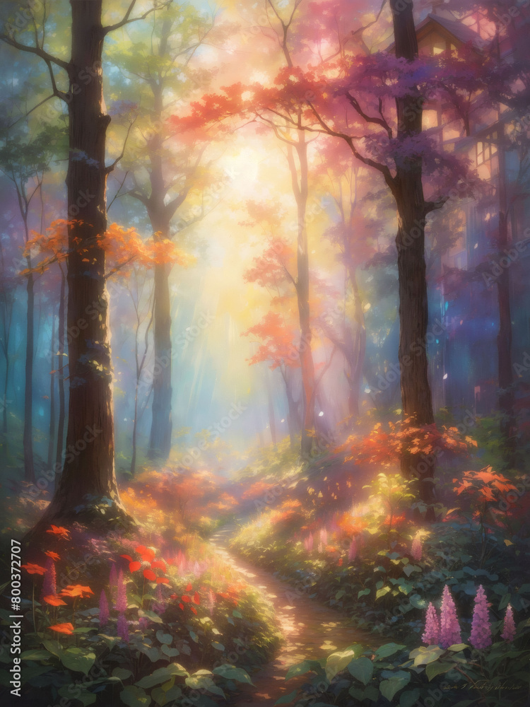 Dreamy interpretation of a sun-dappled forest clearing, with ethereal light filtering through the trees and illuminating the vibrant colors of the flora.