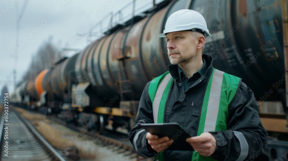 Portrait of railroad construction worker working on his tablet computer in front of railway train Portrait of railroad construction worker working on his tablet computer in front of railway train