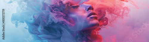 Artistic expression of a face dissolving into a pinkblue gradient, symbolizing fluid identity in a surreal digital artwork photo