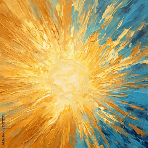 Closeup of abstract rough gold blue sun explosion painting texture, with oil brushstroke, pallet knife paint on canvas - Art background illustration
