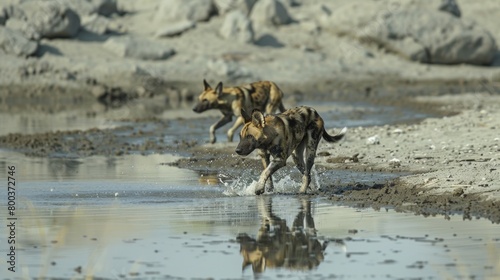 A serene scene of African wild dogs trotting by a waterline, casting reflections on the calm surface