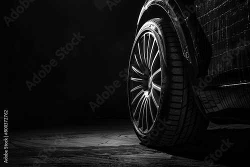  close up of an wet car tire, Black and white blur background