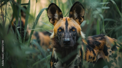 African wild dog with intense gaze poking through tall grass, a perfect blend of wilderness and mystery