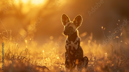 As the sun sets, a silhouette of an African Wild Dog is accentuated by the glow of the horizon photo