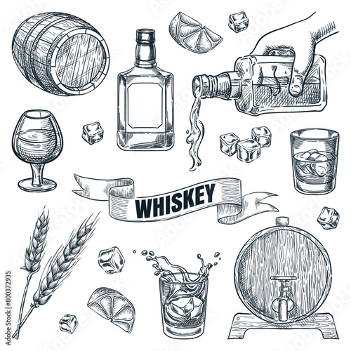 Whiskey icons collection. Glasses, bottle, barrel hand drawn elements for pub, bar menu. Vector sketch illustration photo