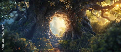 A magical portal to another world inside a giant tree