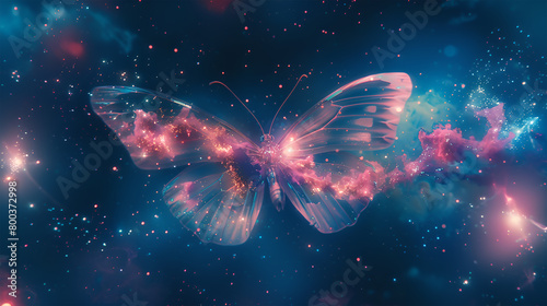 A butterfly with translucent wings, set against a celestial background of nebulous clouds and sparkling stars