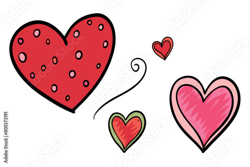Three hearts are drawn in different sizes and colors