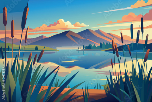 A beautiful landscape with a lake and mountains in the background