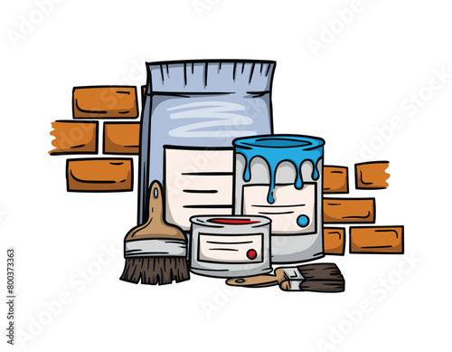 Building and Renovation. Bright vector editable illustration with brick wall, paint, brushes and building mixtures