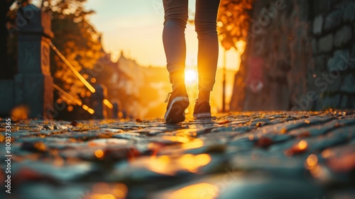 A person walking down a street as the sun sets, casting warm hues across the urban landscape