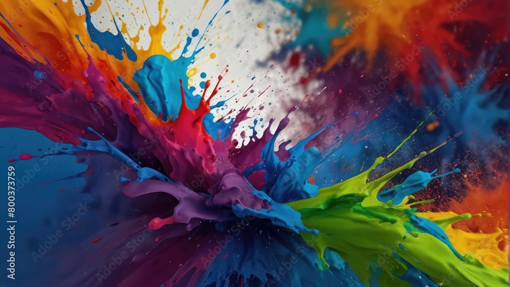Rainbow color paint splash background. Exploding liquid paint copyspace. Colorful wet paint splashes
