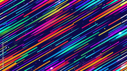 Vibrant stripes of different colours run diagonally across the screen,creating a dynamic sense of movement and energy.Tiny, dot-like shapes are scattered between lines,adding to visual complexity.AI