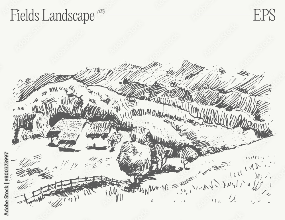 Rural landscape with grassy slopes. Hand drawn vector illustration, sketch.