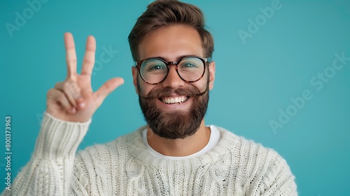 A Young handsome man with beard wearing casual sweater and glasses over blue background Doing peace symbol with fingers over face  smiling cheerful showing victory