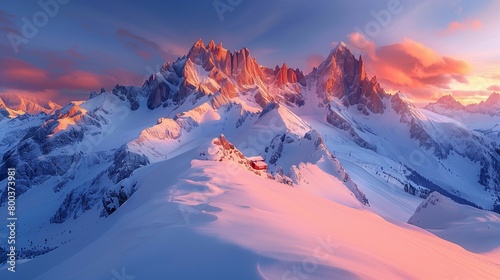 Majestic Sunrise over Snowy Peaks, generative ai © Matus