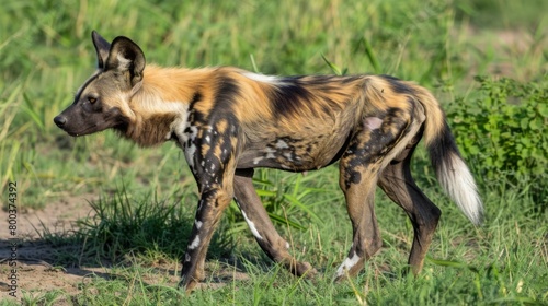 A naturalistic photograph captures an African Wild Dog walking in the wild, with detailed attention to its environment and behavior